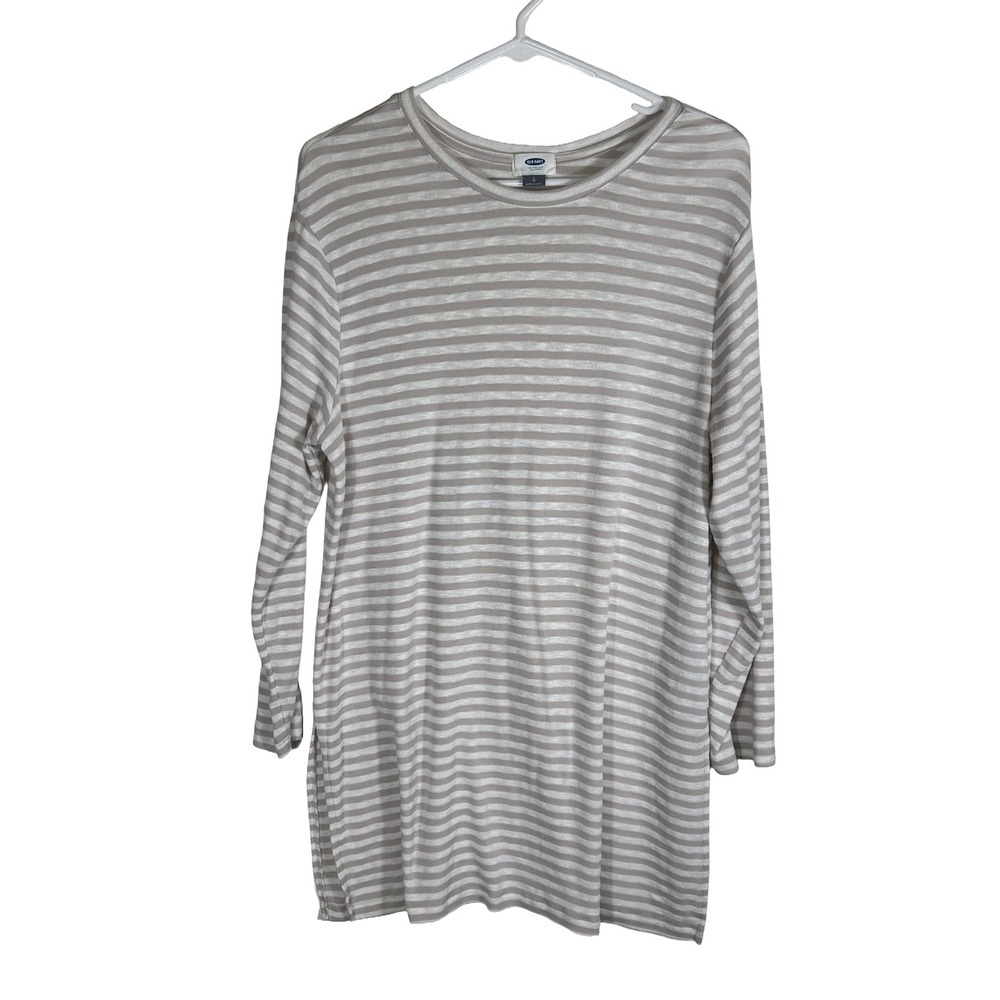 Old‎ Navy Womens Taupe White Striped Long Sleeve Tunic Top Crew Neck Large